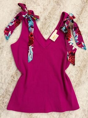 Anthropologie Magenta Tank Top with Floral Tie Straps
